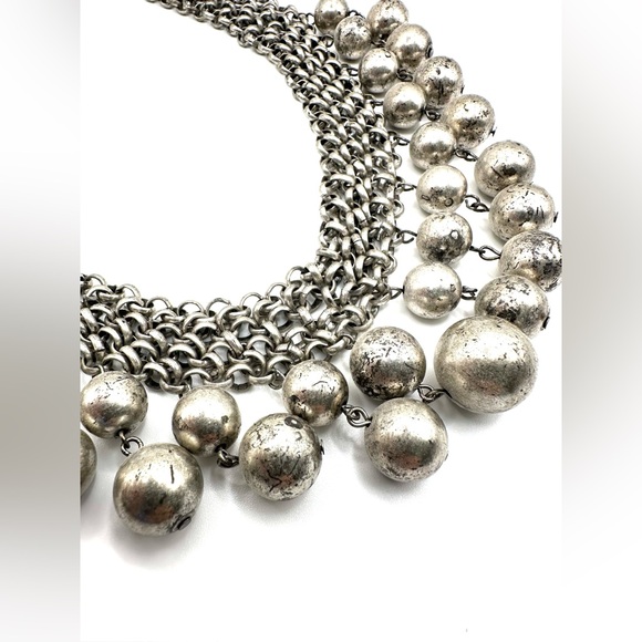 Old Silver Tone Bib Necklace with Dangling Balls-Statement Necklace - Picture 5 of 10